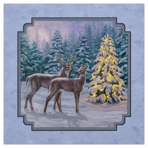 Deer & Christmas Tree Winter Blue Fabric