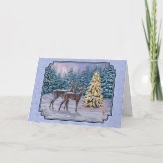 Deer & Christmas Tree Winter Blue Holiday Card