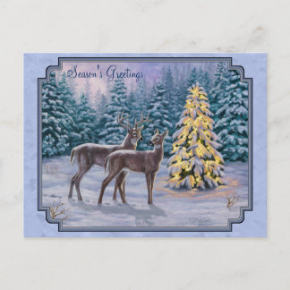 Deer & Christmas Tree Winter Blue Holiday Postcard