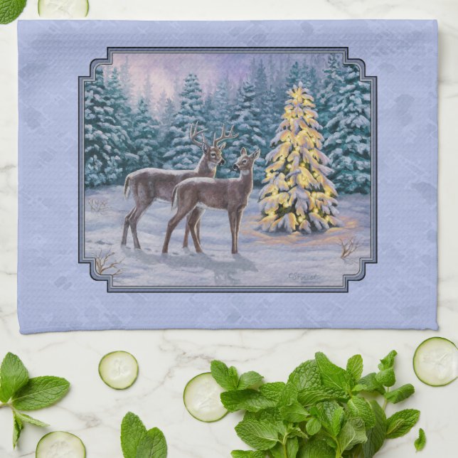 Deer & Christmas Tree Winter Blue Kitchen Towel (Folded)