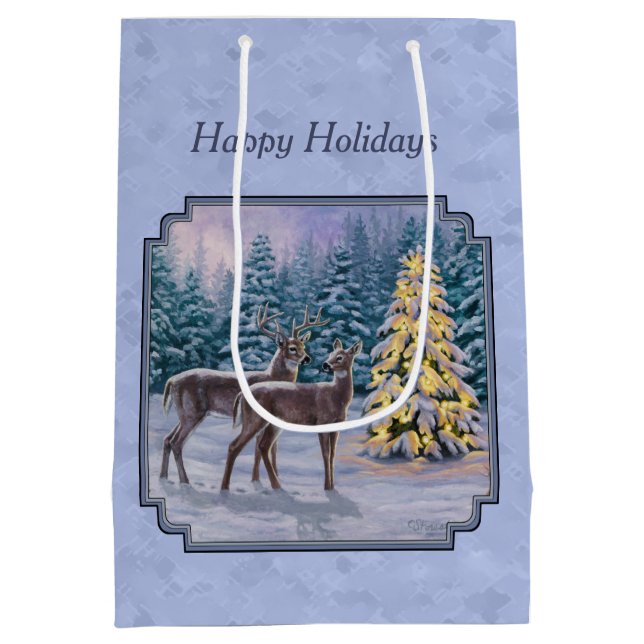 Deer & Christmas Tree Winter Blue Medium Gift Bag (Back)