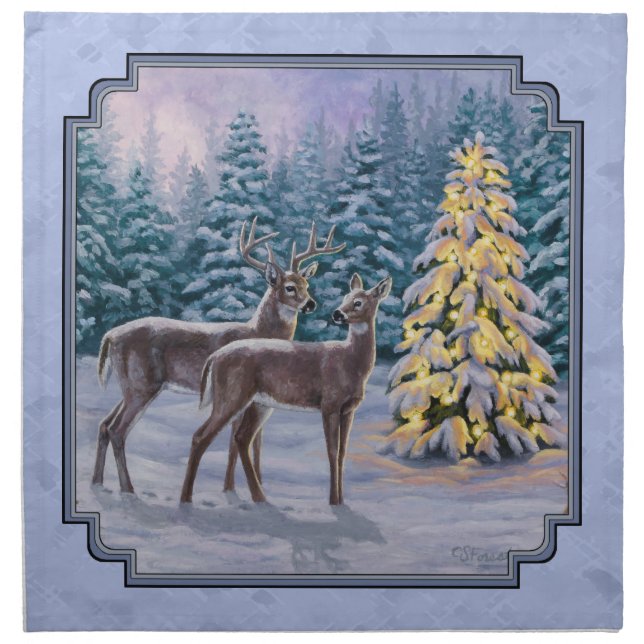 Deer & Christmas Tree Winter Blue Napkin (Front)