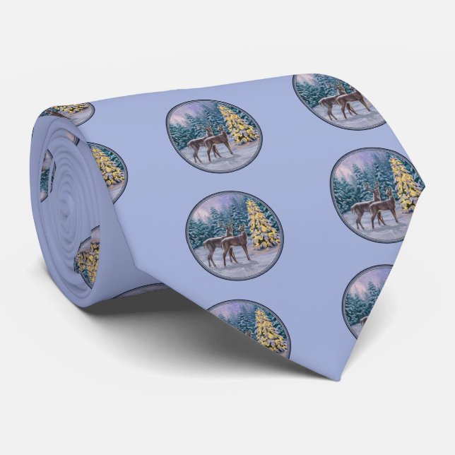 Deer & Christmas Tree Winter Blue Neck Tie (Rolled)