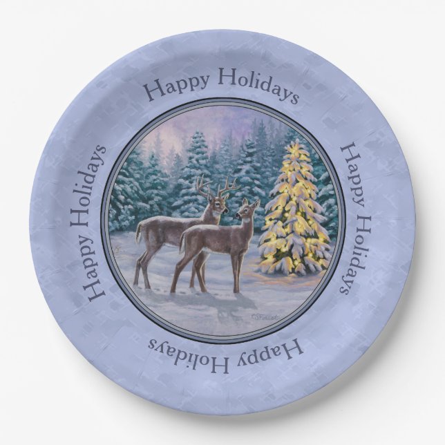 Deer & Christmas Tree Winter Blue Paper Plates (Front)