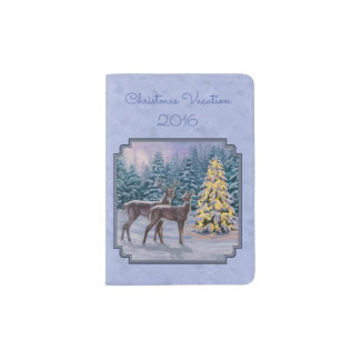 Deer & Christmas Tree Winter Blue Passport Holder