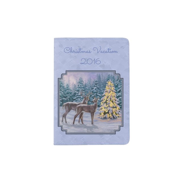 Deer & Christmas Tree Winter Blue Passport Holder (Front)