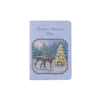 Deer & Christmas Tree Winter Blue Passport Holder
