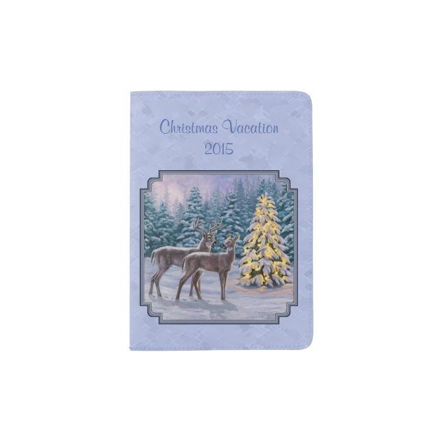 Deer & Christmas Tree Winter Blue Passport Holder (Front)