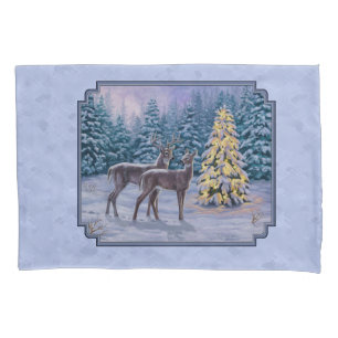 Deer & Christmas Tree Winter Blue Pillow Case