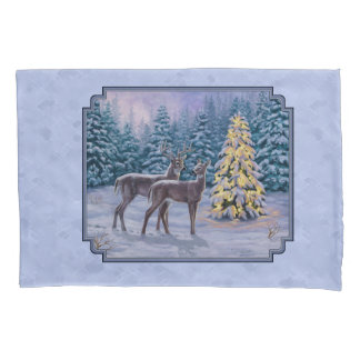 Deer & Christmas Tree Winter Blue Pillow Case