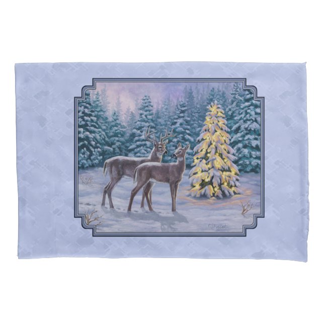 Deer & Christmas Tree Winter Blue Pillow Case (Front-Left)
