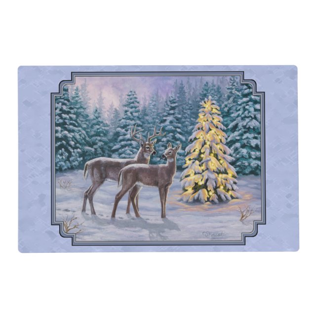 Deer & Christmas Tree Winter Blue Placemat (Front)