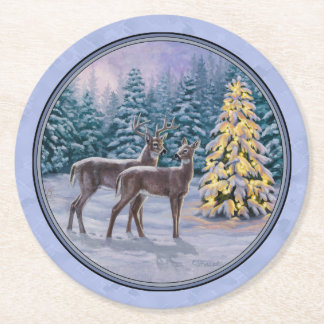 Deer & Christmas Tree Winter Blue Round Paper Coaster