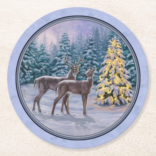 Deer & Christmas Tree Winter Blue Round Paper Coaster (Front)