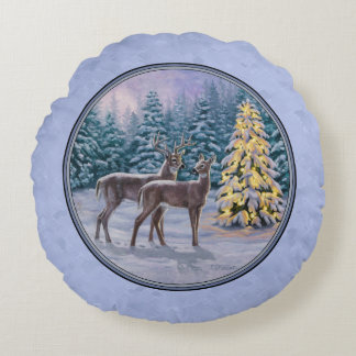Deer & Christmas Tree Winter Blue Round Pillow