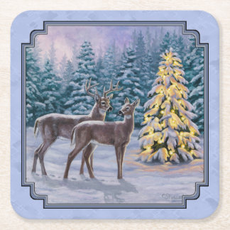 Deer & Christmas Tree Winter Blue Square Paper Coaster