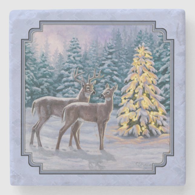 Deer & Christmas Tree Winter Blue Stone Coaster (Front)