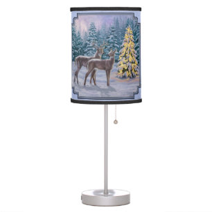 Deer & Christmas Tree Winter Blue Table Lamp