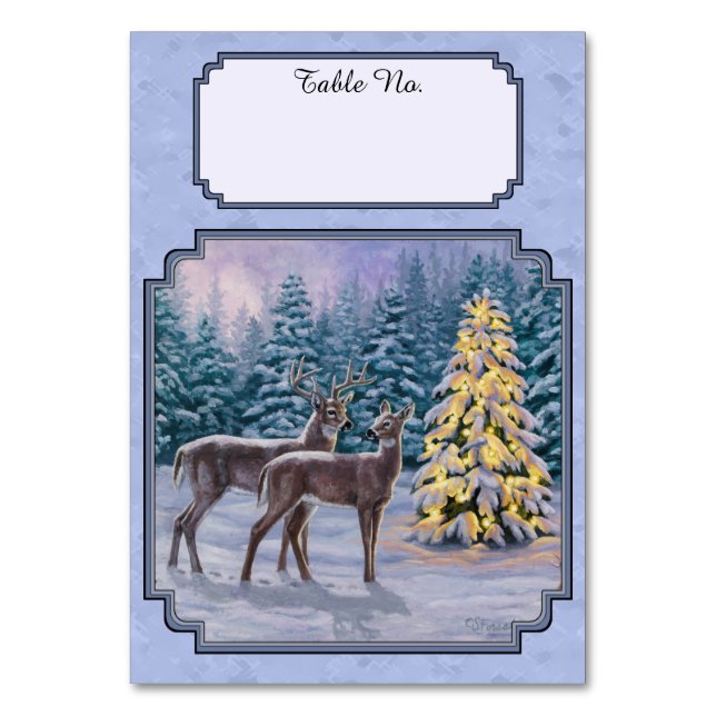 Deer & Christmas Tree Winter Blue Table Number (Front)