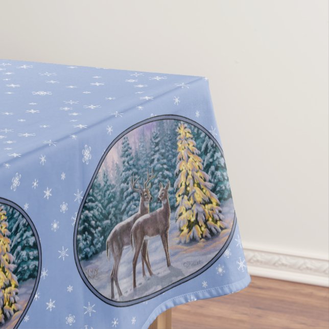 Deer & Christmas Tree Winter Blue Tablecloth (In Situ)