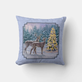 Deer & Christmas Tree Winter Blue Throw Pillow