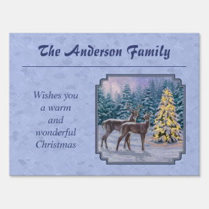 Deer & Christmas Tree Winter Blue Yard Sign