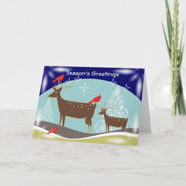 Deer, Christmas Trees And Cardinals Greeting Cards (Front)
