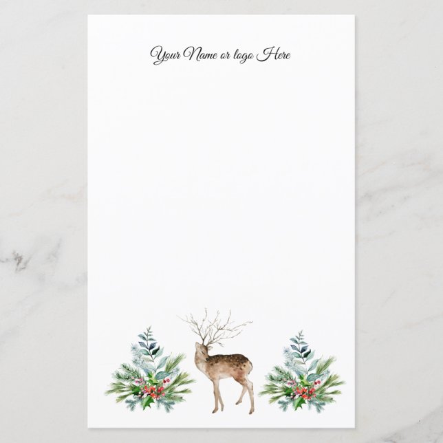 Deer & Christmas Trees Personalized Stationery (Front)