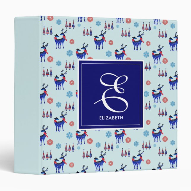Deer, Christmas Trees, & Snowflakes with Monogram 3 Ring Binder (Front/Spine)