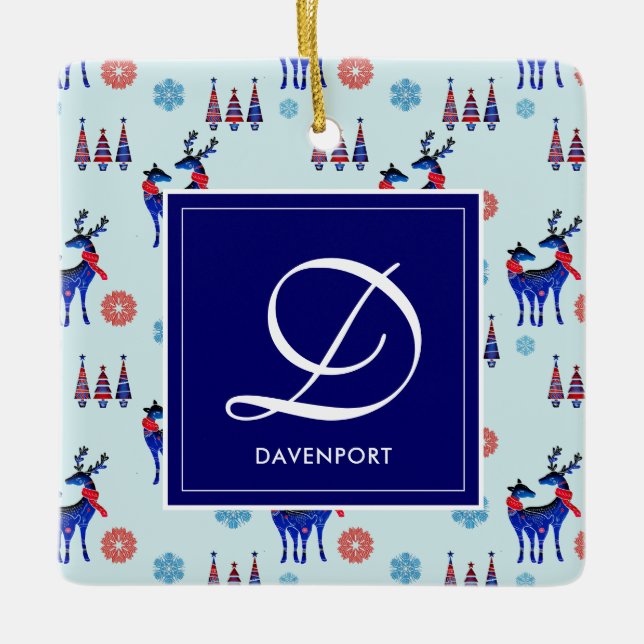 Deer, Christmas Trees, & Snowflakes with Monogram Ceramic Ornament (Front)