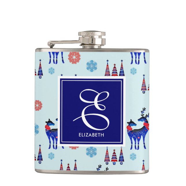 Deer, Christmas Trees, & Snowflakes with Monogram Flask (Front)