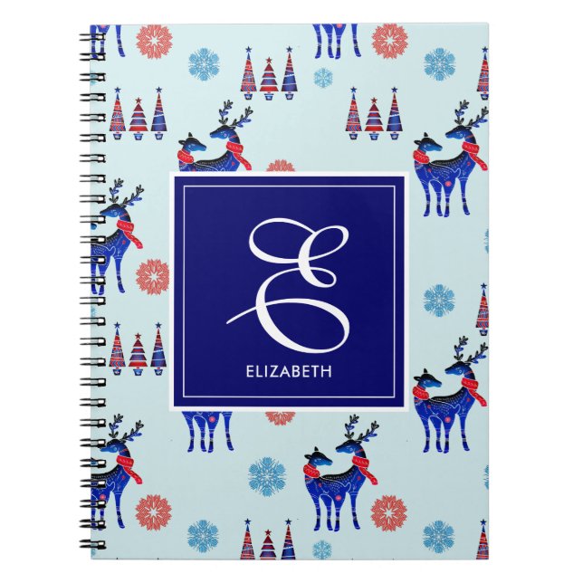 Deer, Christmas Trees, & Snowflakes with Monogram Notebook (Front)