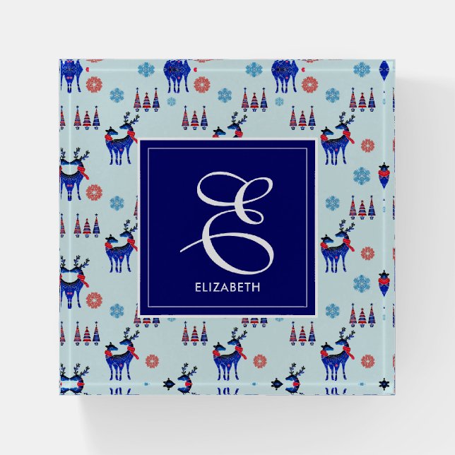 Deer, Christmas Trees, & Snowflakes with Monogram Paperweight (Front)