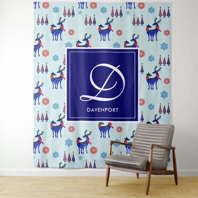 Deer, Christmas Trees, & Snowflakes with Monogram Tapestry (In Situ)