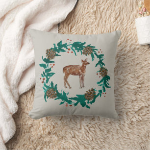Deer Christmas Wreath Painting Gray Pillow