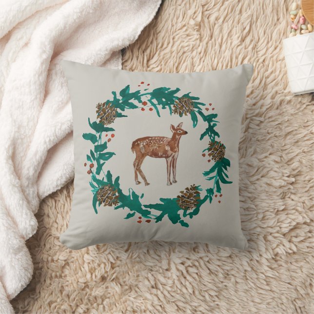 Deer Christmas Wreath Painting Gray Pillow (Blanket)