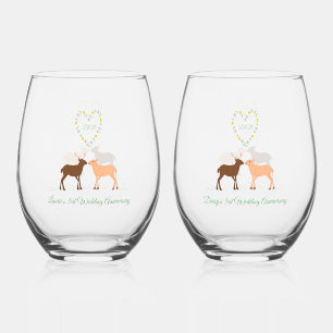 Deer Couple and Daisy Heart Custom 3rd Anniversary Stemless Wine Glass