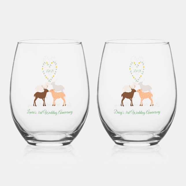 Deer Couple and Daisy Heart Custom 3rd Anniversary Stemless Wine Glass (Front)