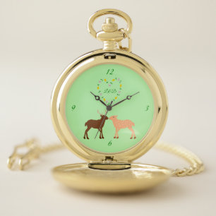 Deer Couple and Daisy Heart Custom Pocket Watch