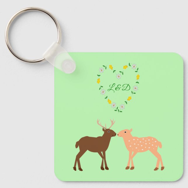 Deer Couple and Daisy Heart Custom Save the date K Keychain (Front)