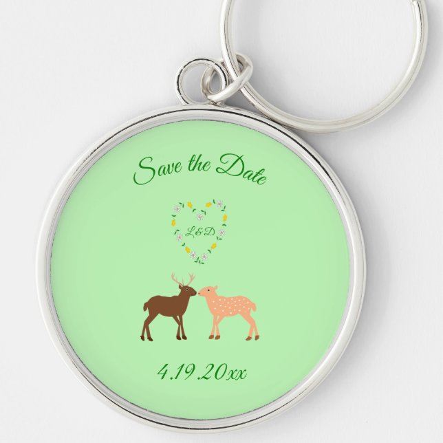 Deer Couple and Daisy Heart Custom Save the date Keychain (Front)