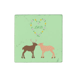 Deer Couple and Daisy Heart Custom Stone Magnet