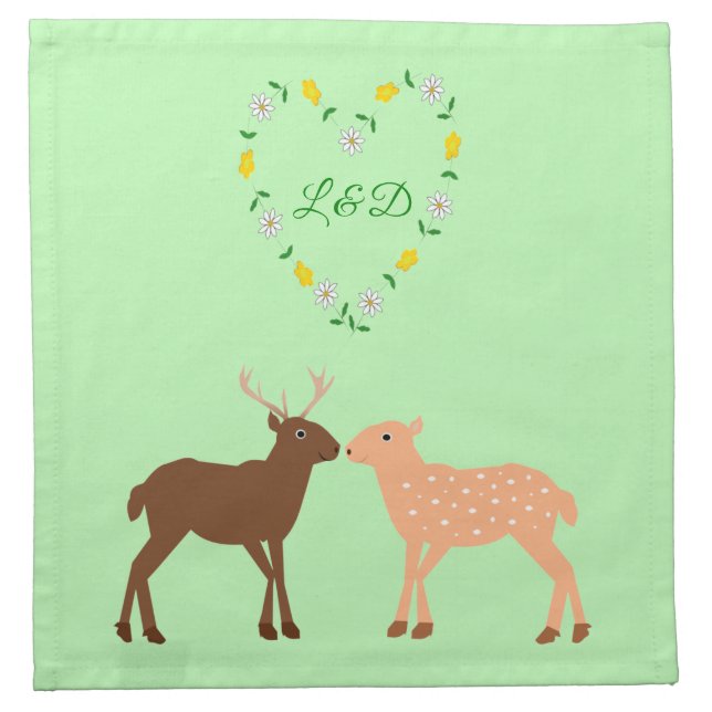 Deer Couple and Daisy Heart Custom Wedding Cloth Napkin (Front)
