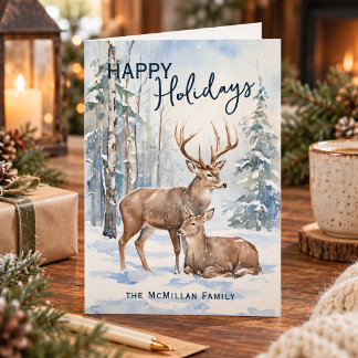 Deer Couple In Snowy Winter Wonderland Landscape Holiday Card