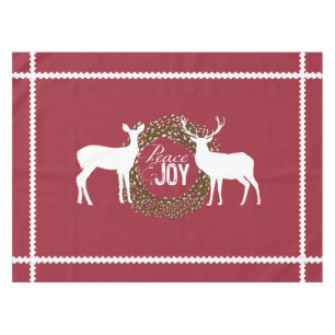 Deer Cranberry Red Peace Joy Wreath Tablecloth