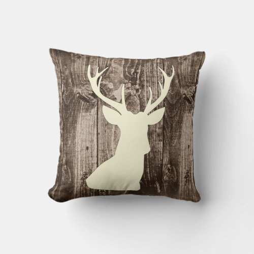 Deer Cream Wildlife on Rustic Wood Cabin Throw P Throw Pillow