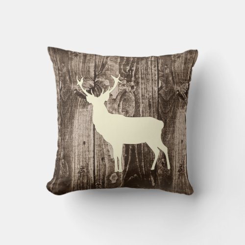 Deer Cream Wildlife on Rustic Wood Cabin Throw Pillow