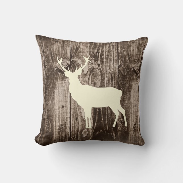Deer (Cream) Wildlife on Rustic Wood Cabin Throw Pillow (Front)