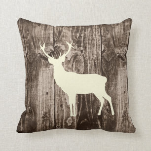 Deer (Cream) Wildlife on Rustic Wood Cabin Throw Pillow