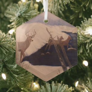 Deer Crossing Glass Hexagon Ornament